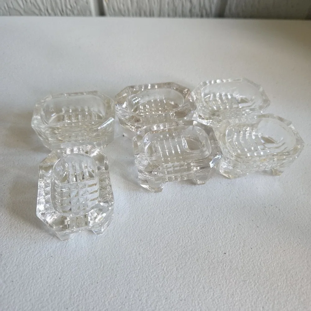 Vintage Rectangular Open Cut Glass Salt Dip Salt Cellars Clear Footed Set of 6